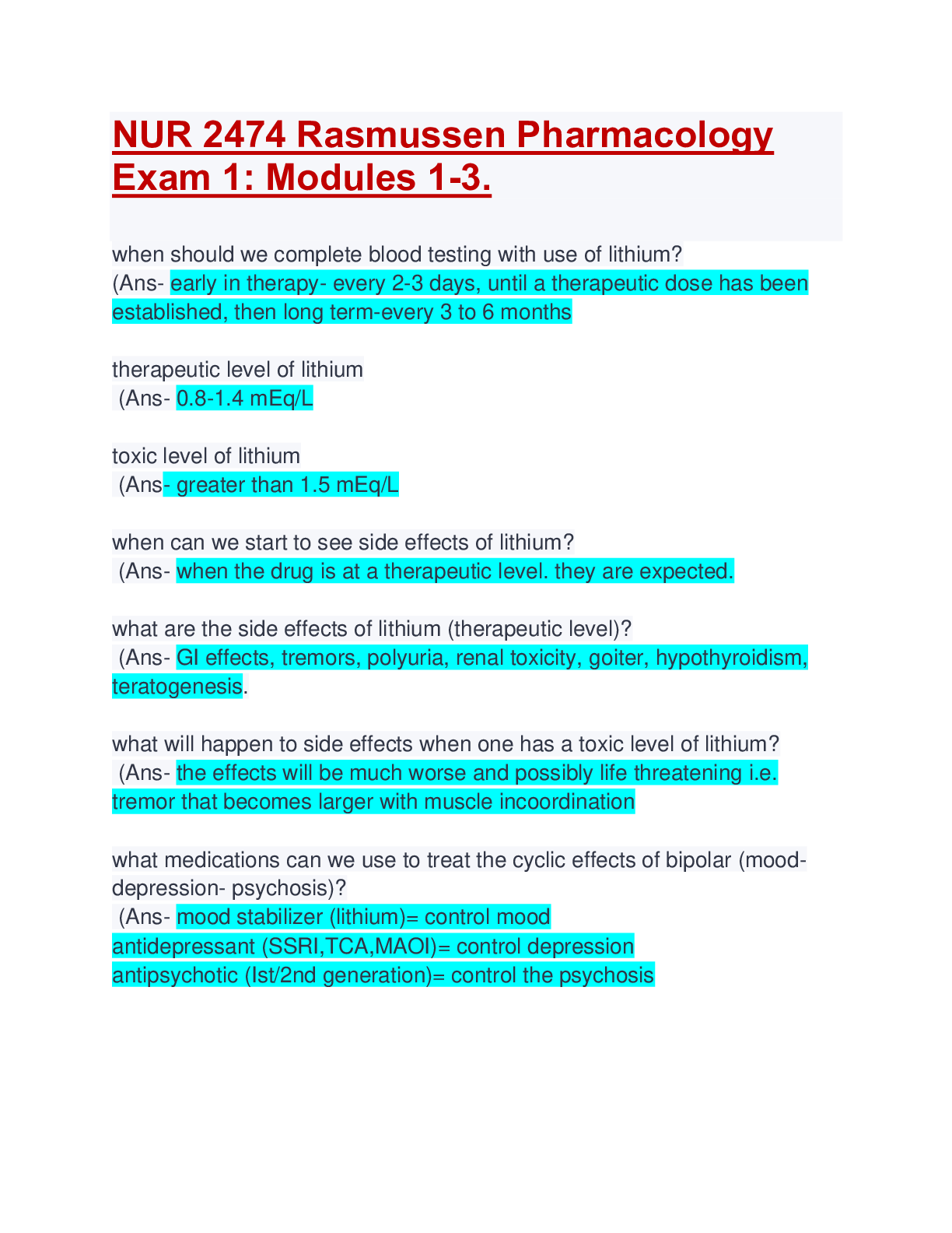 NUR 2474 Rasmussen Pharmacology Exam 1 Modules 13. Questions